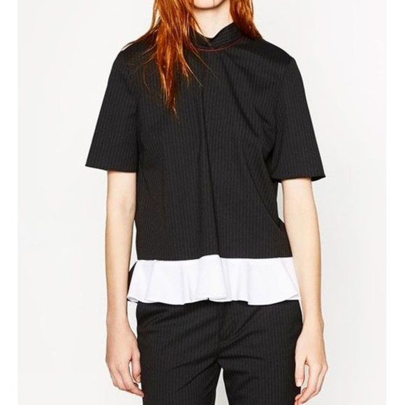 Zara Pinstriped Frilled Top Ruffle Striped High Mock Neck Peplum Back Zip Blouse - Picture 5 of 10
